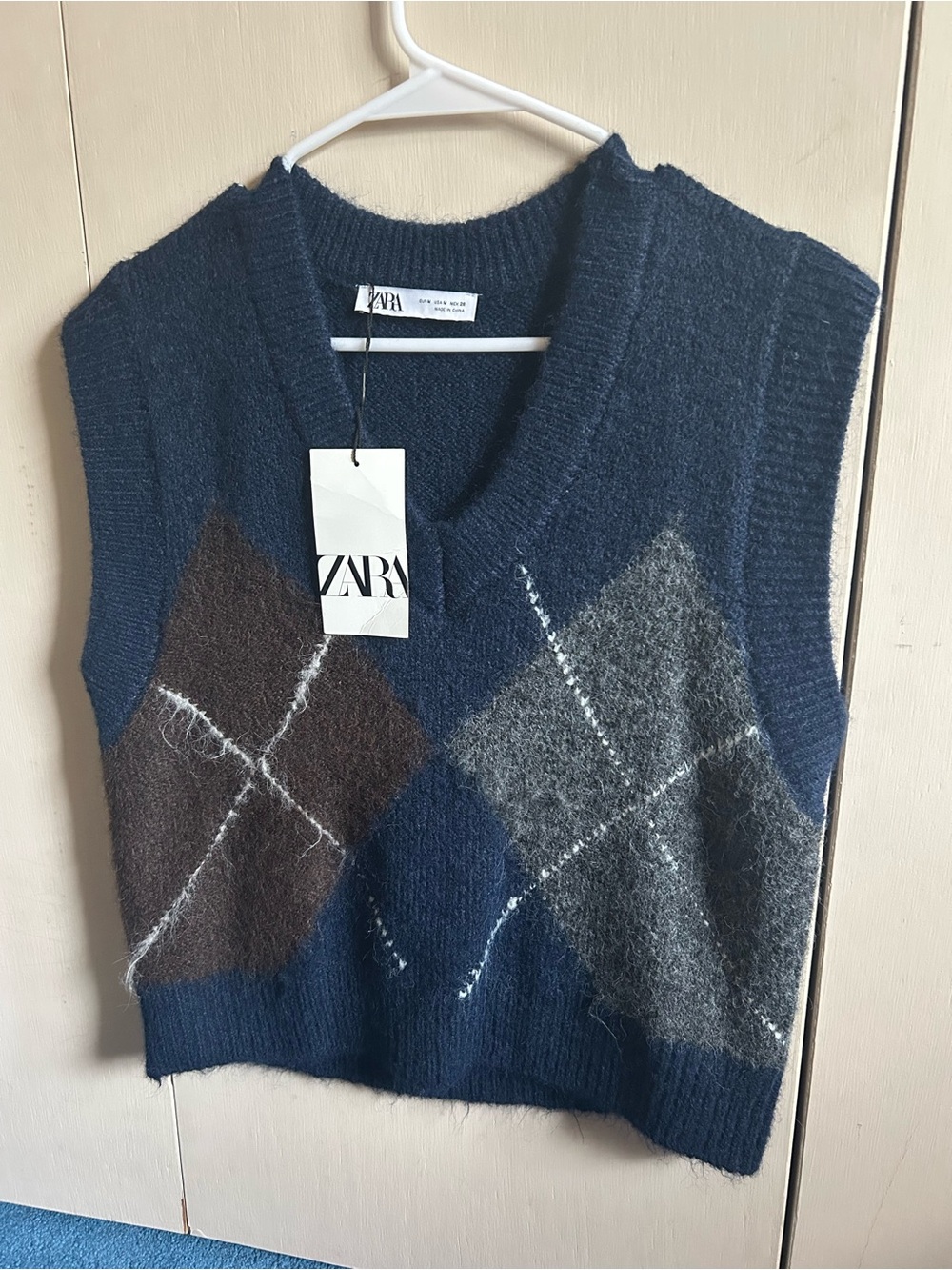 ZARA Navy Argyle V-Neck Sweater Vest with Brown and Gray Diamonds